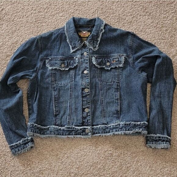 Harley-Davidson HD Denim Jacket Frayed Raw Edges Logo Moto Hippie Y2K Rare XL - Picture 1 of 13